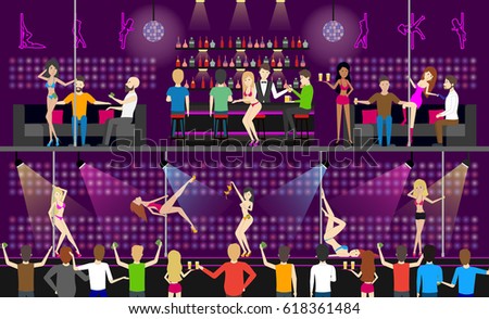 Strip dance club interior set. People relax and have fun.