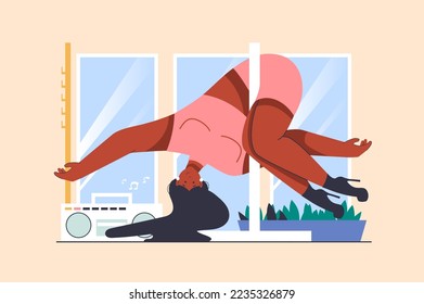 Strip dance concept with people scene in flat design. Flexible woman in high heels shoes doing pole dance, doing gymnastic exercises in studio. Vector illustration with character situation for web