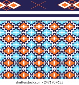 A strip with a dark blue background, which includes an orange "X" pattern in the center. This ethnic is bordered by the white horizontal stripes mentioned earlier.