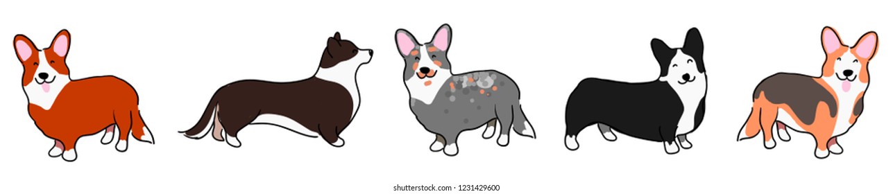 A strip of dogs breed Welsh Corgi. Row of dogs. Pattern of funny doggies.