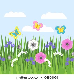 Strip of grass, grass and flowers. Pattern for a banner with grass and flowers and butterflies on a background of blue sky