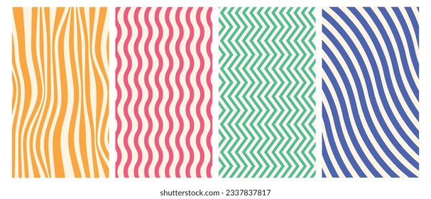 Strip groovy pattern swirling, zig-zag, curls distorted set colorful fabric background retro fashion aesthetic geometric minimal line collection