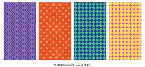 Strip groovy pattern swirling, zig-zag, curls distorted set colorful fabric background retro fashion aesthetic geometric minimal line collection of culture fabrics, stylish, south east asia, asian	
