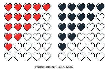 Strip health points in shape of pixel heart. 8 bit retro arcade game. Playing indication chart. Red and black graphic amour icons row. Silhouette or contour sweethearts. Vector interface elements set