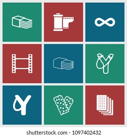 Strip icon. collection of 9 strip filled and outline icons such as movie tape, sligshot, camera tape, eternity. editable strip icons for web and mobile.