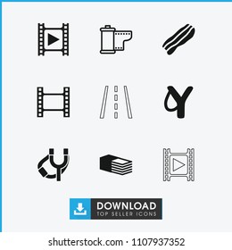 Strip icon. collection of 9 strip filled and outline icons such as movie tape, sligshot, bandage, bacon, camera tape. editable strip icons for web and mobile.