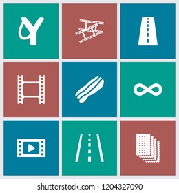 Strip icon. collection of 9 strip filled icons such as runway, sligshot, movie tape, camera tape, eternity, bacon. editable strip icons for web and mobile.