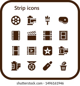strip icon set. 16 filled strip icons.  Simple modern icons about  - Film reel, Film, Painting brush, Steak, Film strip, Movie, roll, Reel, Pregnancy test, Removed