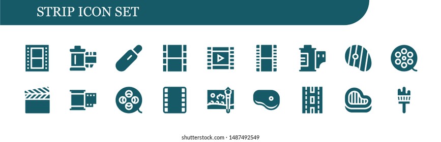 strip icon set. 18 filled strip icons.  Simple modern icons about  - Film, Reel, Pregnancy test, Movie, Film roll, Steak, Film reel, strip, Painting brush,