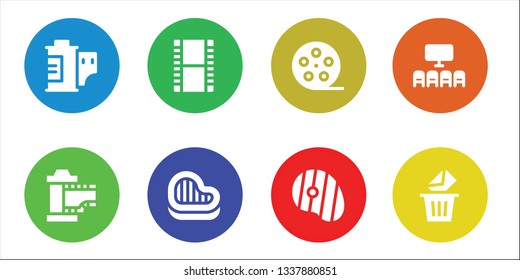 strip icon set. 8 filled strip icons.  Collection Of - Film roll, Film, Steak, Cinema, Removed