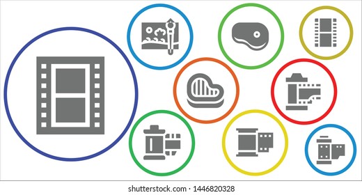 strip icon set. 9 filled strip icons.  Simple modern icons about  - Film, Painting brush, Steak, Reel