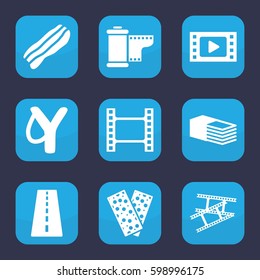strip icon. Set of 9 filled strip icons such as runway, bandage, camera tape, bacon, movie tape