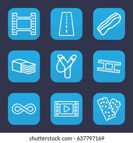 Strip icon. set of 9 outline strip icons such as runway, bandage, camera tape, eternity, bacon, movie tape