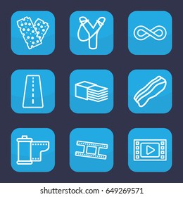 Strip icon. set of 9 outline strip icons such as runway, bandage, camera tape, eternity, bacon, sligshot