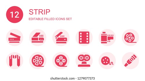 strip icon set. Collection of 12 filled strip icons included Scanner, Film, Film strip, Sash, Film roll, Film reel, Pregnancy test