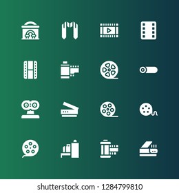 strip icon set. Collection of 16 filled strip icons included Scanner, Film strip, Film reel, Roll, Film roll, Cinema, Film, Sash