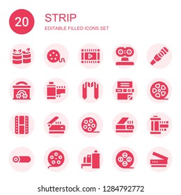 strip icon set. Collection of 20 filled strip icons included Rolls, Film reel, Film, Scanner, Pregnancy test, Cinema, Film strip, Sash, Film roll, Roll