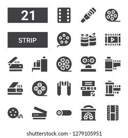 strip icon set. Collection of 21 filled strip icons included Cinema, Roll, Scanner, Film reel, Film strip, Sash, Film roll, Film, Rolls, Pregnancy test