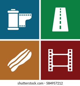 strip icons set. Set of 4 strip filled icons such as runway, camera tape, bacon