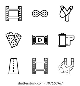 Strip icons. set of 9 editable outline strip icons such as runway, movie tape, sligshot, bandage, camera tape