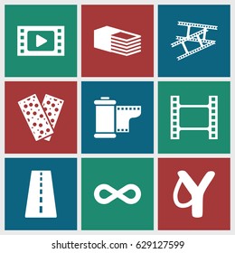 Strip icons set. set of 9 strip filled icons such as runway, bandage, camera tape, eternity, movie tape