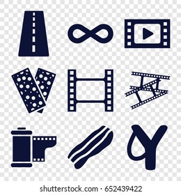 Strip icons set. set of 9 strip filled icons such as runway, bandage, camera tape, eternity, bacon, movie tape