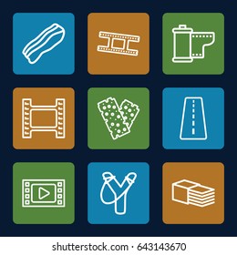 Strip icons set. set of 9 strip outline icons such as runway, bandage, camera tape, bacon, movie tape