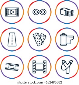 Strip icons set. set of 9 strip outline icons such as runway, bandage, camera tape, eternity, movie tape