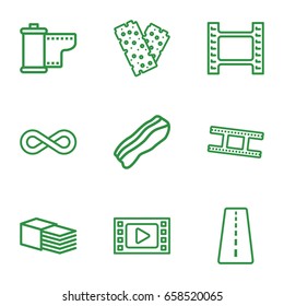 Strip icons set. set of 9 strip outline icons such as runway, bandage, camera tape, eternity, bacon