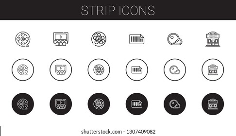 strip icons set. Collection of strip with film reel, cinema, film, bars code, steaks. Editable and scalable strip icons.