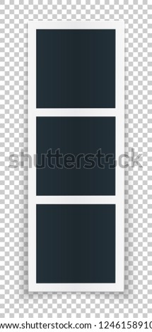 Strip of instant photos isolated on transparent background for social network, passport, ets. Vertical vector photo strip resizable illustration.