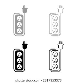 Strip multi plug network filter smart power tripled wire socket adapter electrical extension cable equipment cord electric tee set icon grey black color vector illustration image solid fill outline 