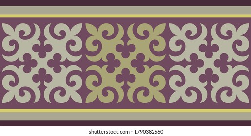 Strip of plant patterns. Ethno style. Kazakh ornaments. Horizontal patterned design. Traditional patterns of Kazakhs. Ancient Turkic ornaments. Traditions of Kazakhstan. Decorative art of nomads.
