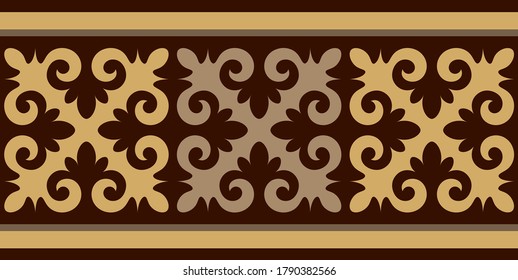 Tira de patrones de plantas. Estilo étnico. Ornamentos kazajos. Diseño con patrones horizontales. Patrones tradicionales de kazajos. Ornamentos túrquicos antiguos. Tradiciones de Kazajistán. Arte decorativo de los nómadas.