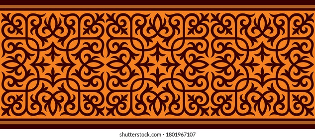 Strip of plant patterns. Ethno style. Kazakh ornaments. Horizontal patterned design. Traditional patterns of Kazakhs. Ancient Turkic ornaments. Traditions of Kazakhstan. Decorative art of nomads.