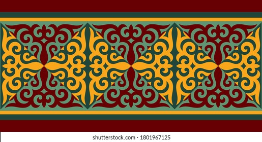 Strip of plant patterns. Ethno style. Kazakh ornaments. Horizontal patterned design. Traditional patterns of Kazakhs. Ancient Turkic ornaments. Traditions of Kazakhstan. Decorative art of nomads.