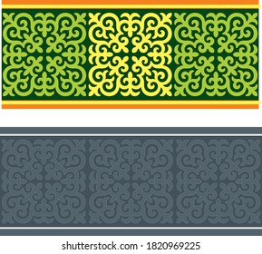 Streifen von Pflanzenmustern. Ethno-Stil. Kasachische Ornamente. Horizontal gemustertes Design. Traditionelle Muster von Kasachstan. Antike türkische Ornamente. Traditionen Kasachstans. Dekorative Kunst von Nomaden.