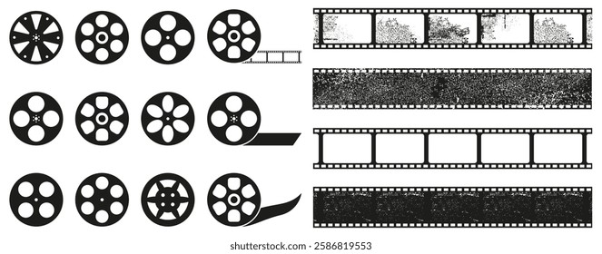 Strip reel of film icon collection. Filmstrip icons. Black film reel with film strip icons