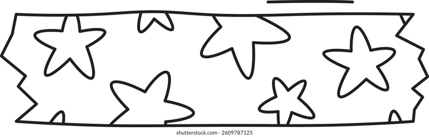 A strip of washi tape with hand-drawn star patterns in a playful doodle style. Stars of various sizes are scattered across the tape, creating a whimsical appearance. Cartoon vector illustration.