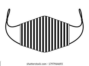 Stripe Anti Dust Face Fabric Design Vertical Graphic Lines Black/White Colors With Stopper, Front View Vector.