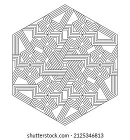 Stripe art zig-zag pattern in shape of hexagon. Detail coloring pages for adults. Digital detox. 