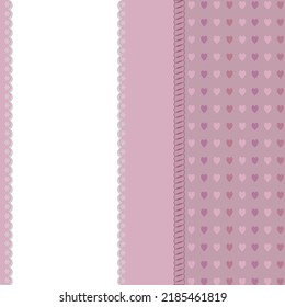 Stripe background, pattern, hearts, lace elements. Pink, lilac soft colors. Vector illustration