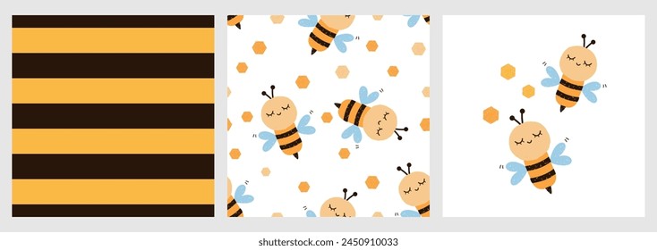 Stripe bee seamless pattern background. Seamless pattern with little bee cartoons and honey sign on white background. Flying bee cartoons vector.