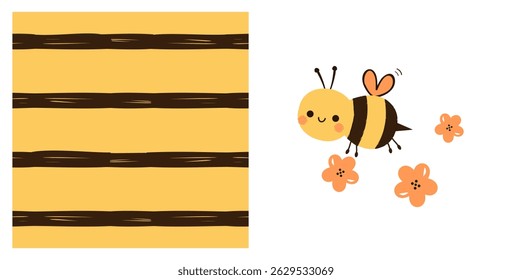 Stripe bee seamless pattern and bee cartoon and orange flower isolated on white background vector.