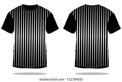Stripe Black T-shirt Design With Vertical White Lines Vector.Front And Back Views.