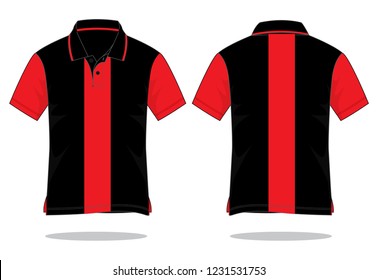 Stripe Black-Red Shirt Sleeve Polo Shirt Design On White Background.Front And Back View.