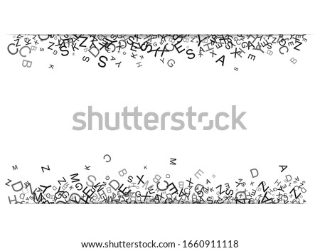 Stripe of casual letters fly on white background. Abstract backdrop with alphabet. Random black letters pattern. Strip with mix of chance Latin ABC. Vector illustration, texture for banner design.