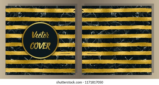 Stripe cover set on black marble background. Luxury gold metal foil abstract background for templstes, brochures, banners, greeting cards, invitation with text place.