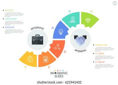 Stripe curved around two circular elements and divided into 6 multicolored parts with icons inside and pointers. Steps to partnership concept. Minimal infographic design layout. Vector illustration.
