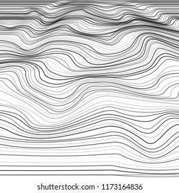 Stripe deformation background. Distorted wave monochrome texture. Abstract dynamical rippled surface from line. Vector illustration